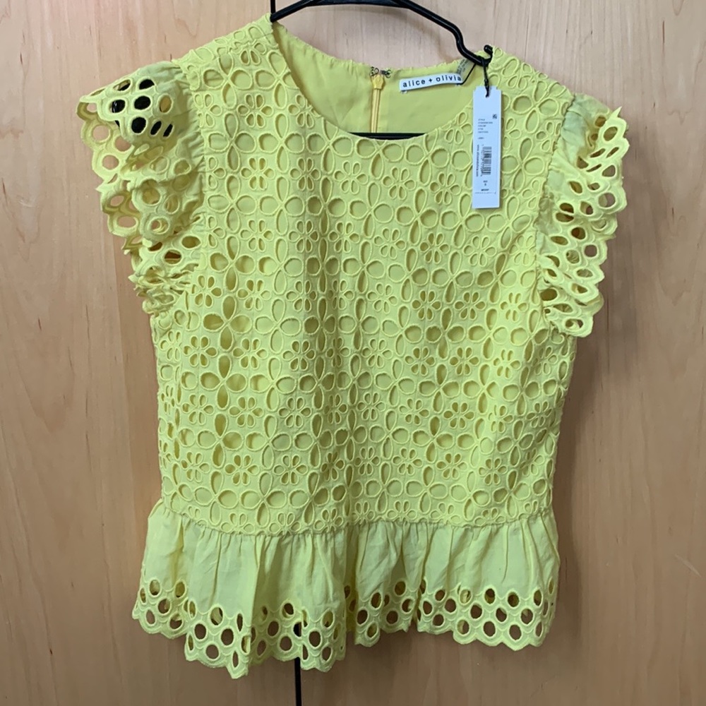 alice + olivia yellow eyelet blouse size small